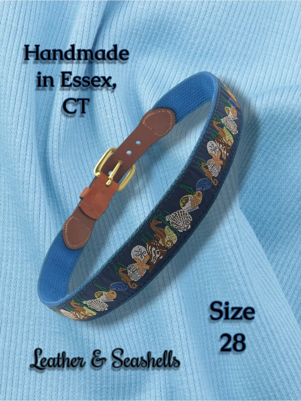 Leather & Seashell - Blue -  Embroidered Belt - Handmade in Essex, CT Size 28